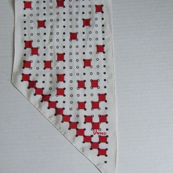 Vintage scarf Vera Neumann white scarf with blue circle and dots red squares - Picture 5 of 8
